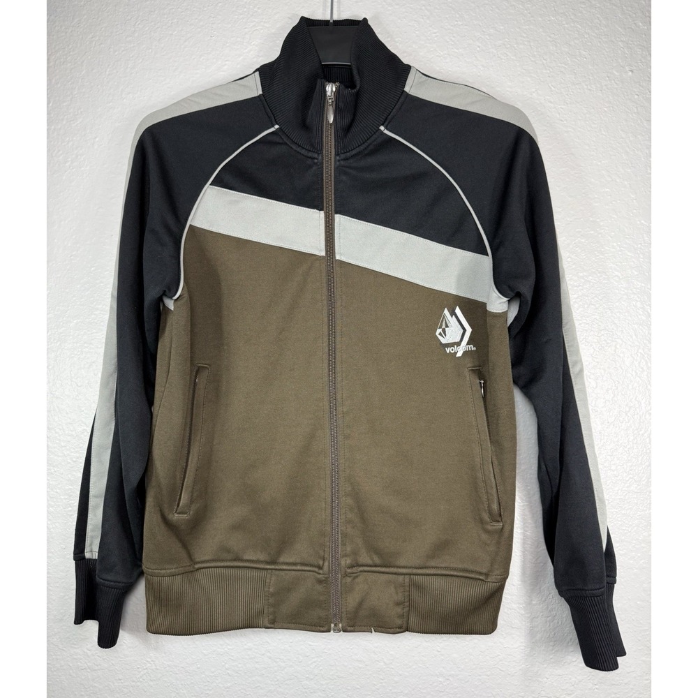 Vintage Volcom Track Jacket Youth XL Brown Black Mock Neck Full Zip Pockets